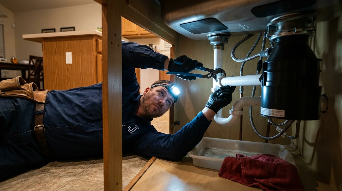 P-trap and supply line connections under a kitchen sink showing a common leak point in Preston, MN